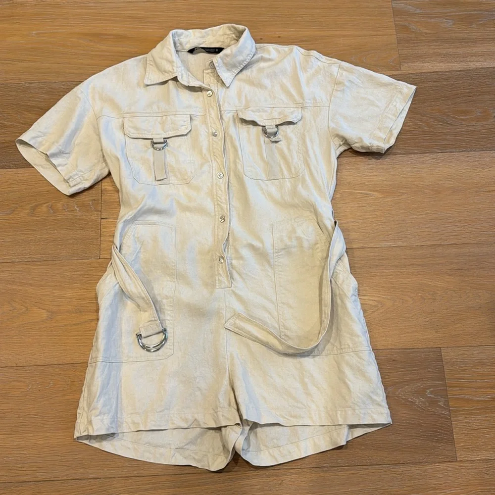 ZARA BELTED LINEN BLEND SHORT JUMPSUIT